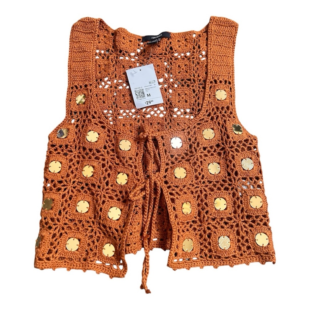 5/$25 Sale Forever 21 brown or orange crochet vest with gold-colored sequins Med - Picture 2 of 7